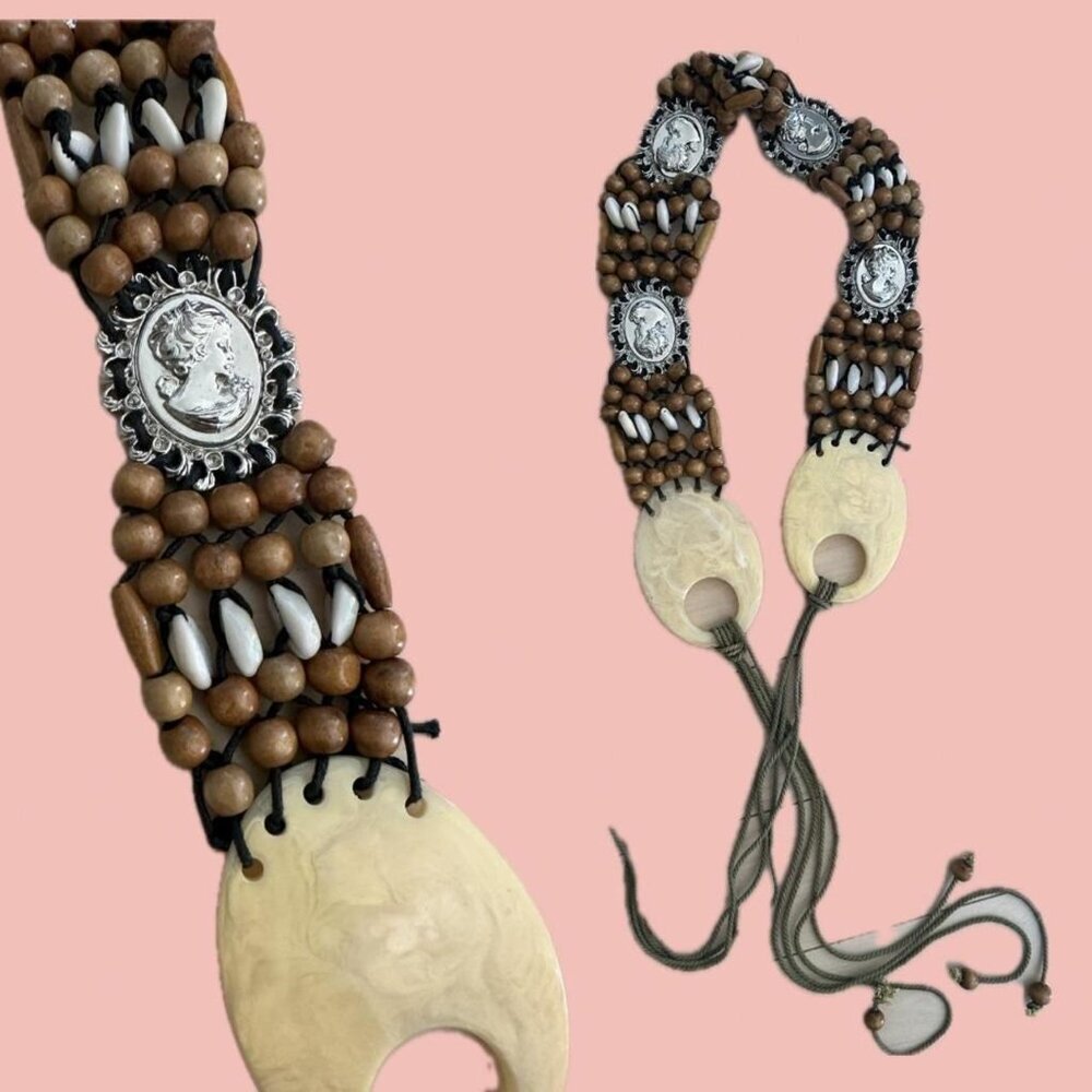 Unique vintage boho belt with wood beads, faux bone carved ring